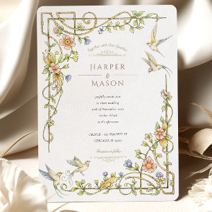 Romantische Botanische Hochzeit mit Blumen und Vög Einladung