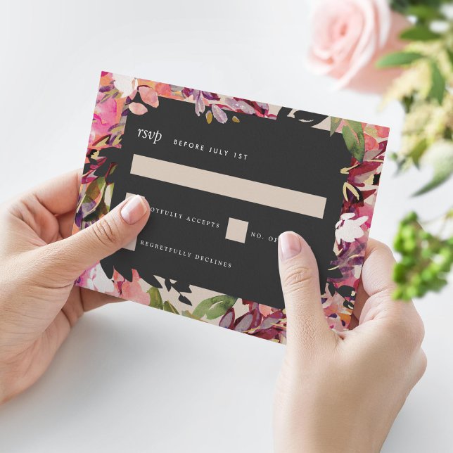 Romantische Bouquet Hot Pink Black Gold Hochzeit RSVP Karte (Von Creator hochgeladen)