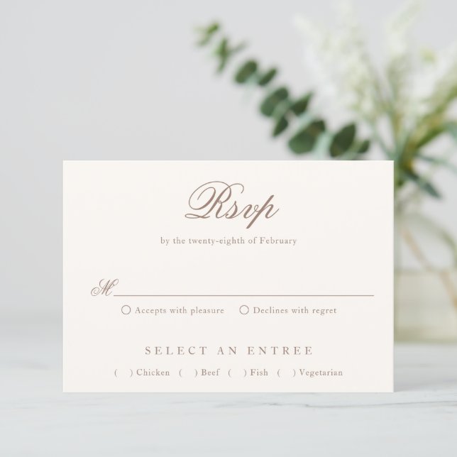 Romantische braune elegante Hochzeit RSVP Karte (Stehend Vorderseite)