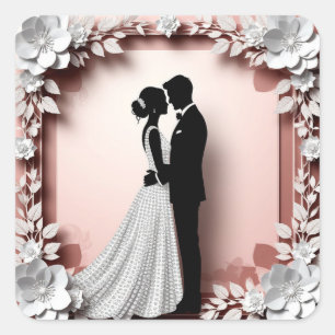 Romantische Braut Bräutigam Umarmung Hochzeit Silh Quadratischer Aufkleber