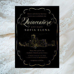 Romantische Burg-Fantasy-Quinceañera Gold Folieneinladung