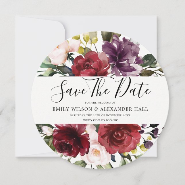 Romantische Burgund-Blume Save The Date (Vorderseite)