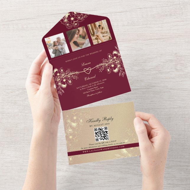 Romantische Burgund-Blumenhochzeit All In One Einladung (Abreißen)