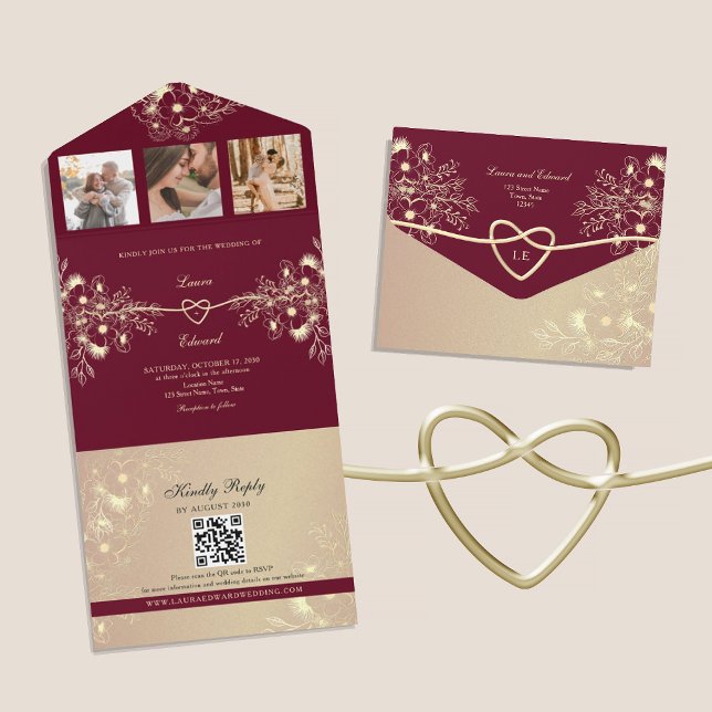 Romantische Burgund-Blumenhochzeit All In One Einladung (Von Creator hochgeladen)