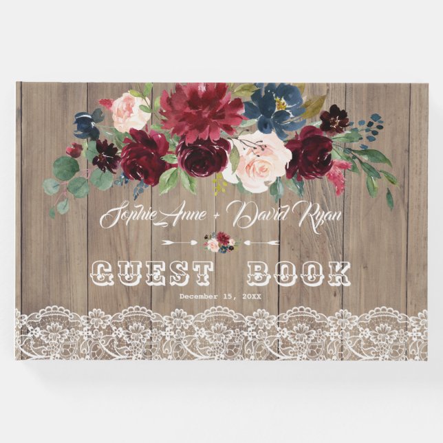 Romantische Burgund Blush Blume Lace Wood Wedding Gästebuch (Vorderseite)