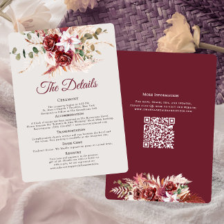 Romantische Burgund & Blush QR-Code-Hochzeitsdetai Begleitkarte