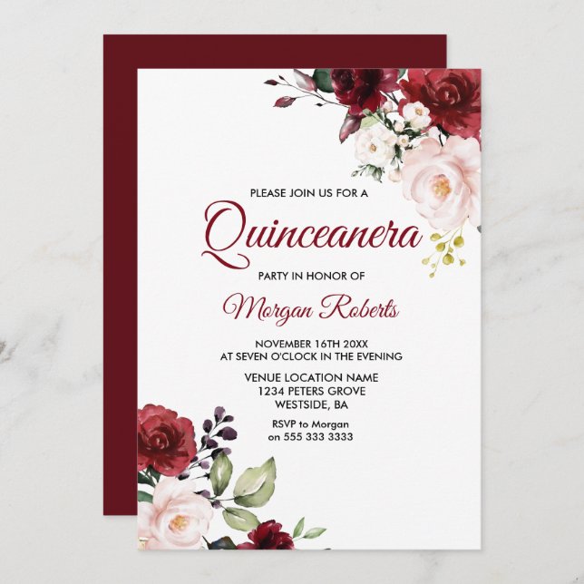 Romantische Burgund Rote Blume Quinceanera Einladung (Vorne/Hinten)