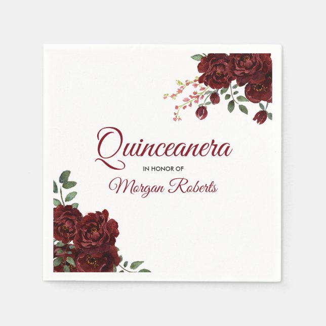 Romantische Burgund-Rote Rose Floral Quinceanera Serviette (Vorderseite)