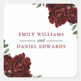 Romantische Burgund-Rote Rose Hochzeit-Verlobung Quadratischer Aufkleber