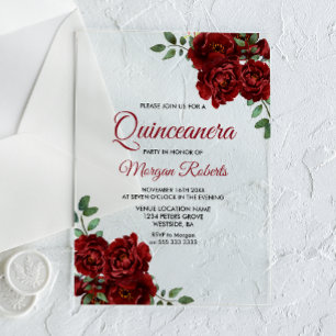 Romantische Burgund-Rote Rose Quinceanera Einladun Acryleinladungen