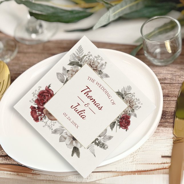 Romantische Burgund & Silberblume Serviette (Romantic Burgundy & Silver Floral Wedding Napkins)