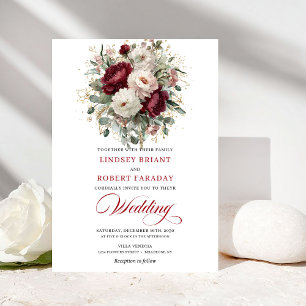 Romantische Burgund- und weiße Blumen-Hochzeitsein Einladung