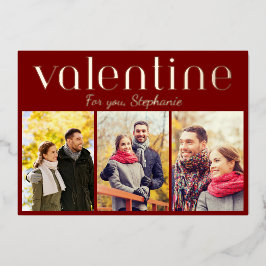 Romantische Burgunder 3-Foto-Collage Valentinstag Folien Feiertagskarte