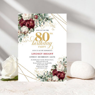 Romantische Burgunder-Gold-Blumen 80. Geburtstag Einladung