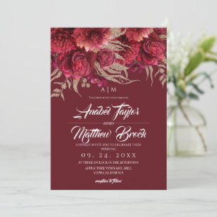 Romantische burgunder-goldene Florale Hochzeit Einladung