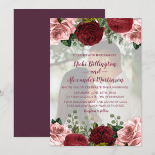 Romantische Burgunder-Rosa-Blumen-Foto-Hochzeit Einladung