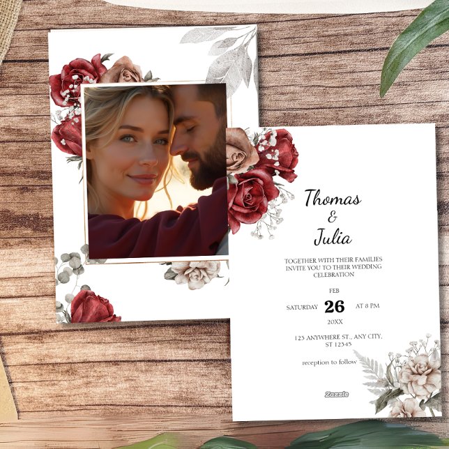 Romantische Burgunder & Silberblumen-Foto Hochzeit Einladung (Romantic Burgundy & Silver Floral Photo Wedding Invitation)
