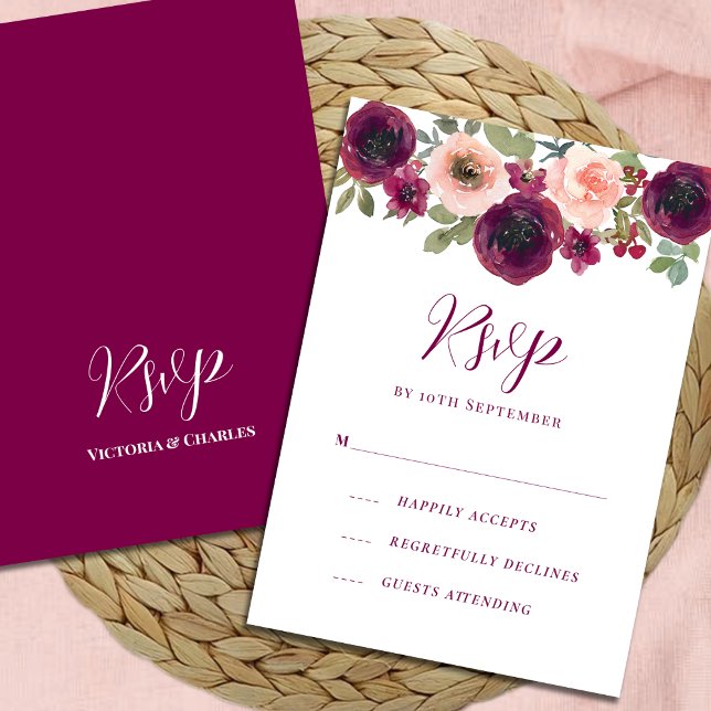 Romantische Burgunder Wasserfarbe RSVP Karte (Von Creator hochgeladen)