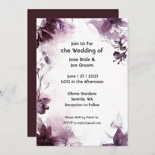 Romantische burgundische Wildblume Einladung (Vorne/Hinten)