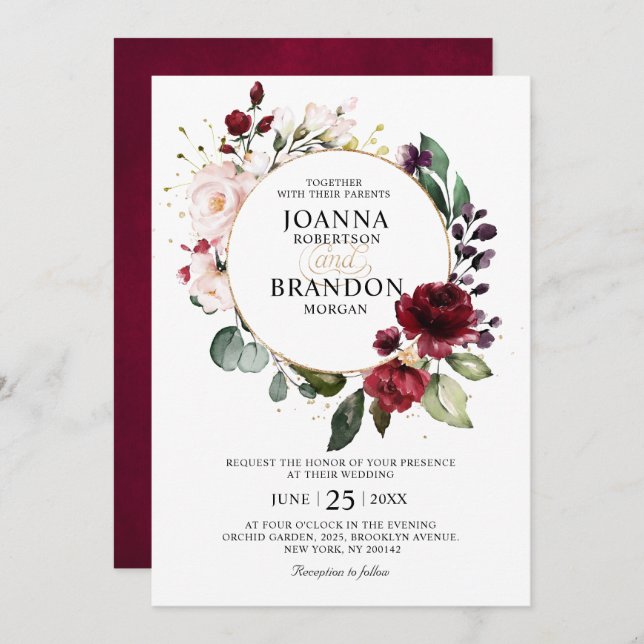 Romantische Burgundy Blush Geometric Wedding Einladung (Vorne/Hinten)