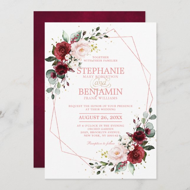 Romantische Burgundy Blush Rose Gold Geometrie Einladung (Vorne/Hinten)