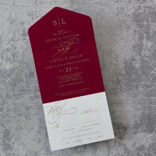 Romantische Burgundy Calligrafy Monogram Wedding A All In One Einladung