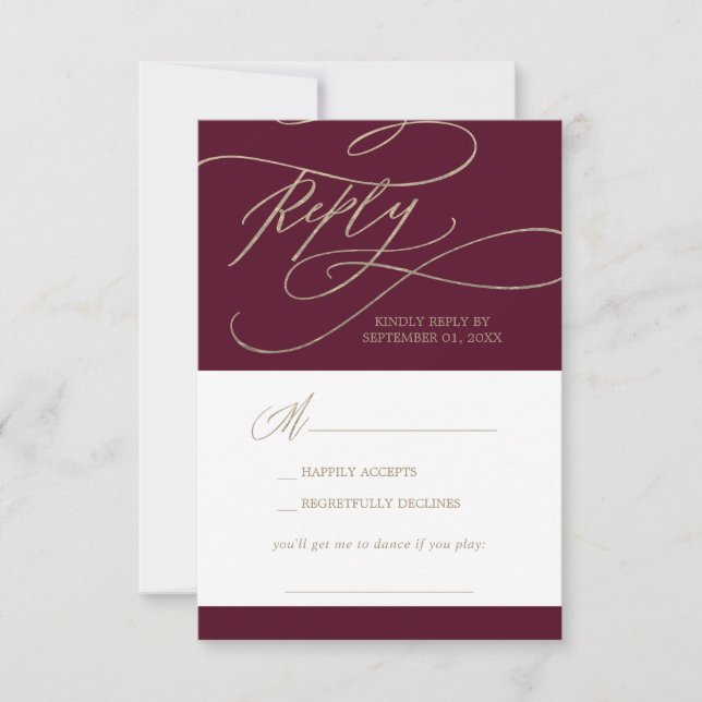 Romantische Burgundy Calligraphy Song RSVP Card (Vorderseite)