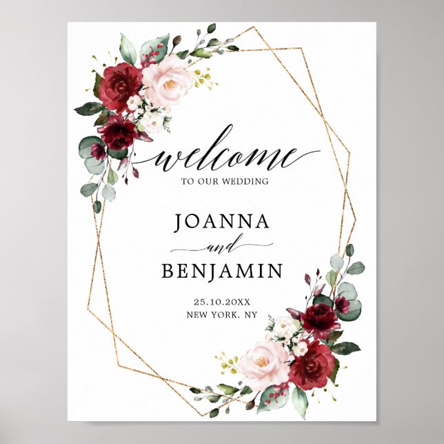 Romantische Burgundy Geodelle Hochzeit willkommen Poster (Vorne)