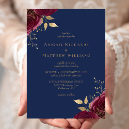 Romantische Burgundy Gold Floral Navy Blue Wedding Einladung