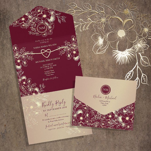 Romantische Burgundy Gold Floral Wedding All In One Einladung (Von Creator hochgeladen)