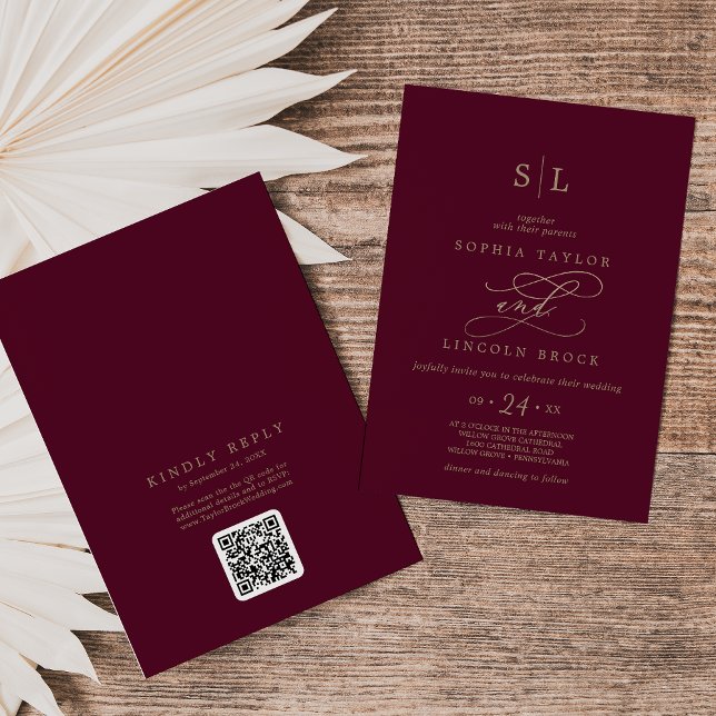 Romantische Burgundy Monogram QR Code Back Wedding Einladung (Von Creator hochgeladen)