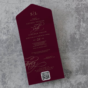 Romantische Burgundy Monogram QR Code Hochzeit All In One Einladung