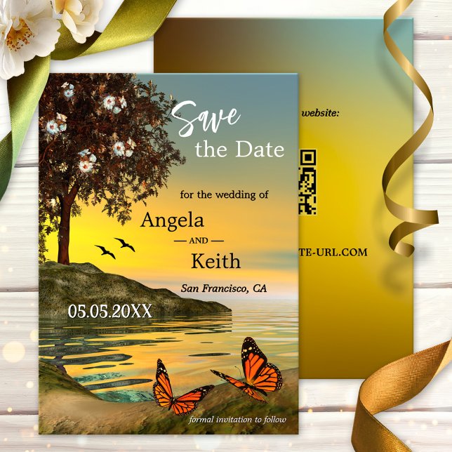 Romantische Butterfly Save the Date Karte (Save the Date card featuring a painting of two butterflies in a coastal or lake landscape at sunset)