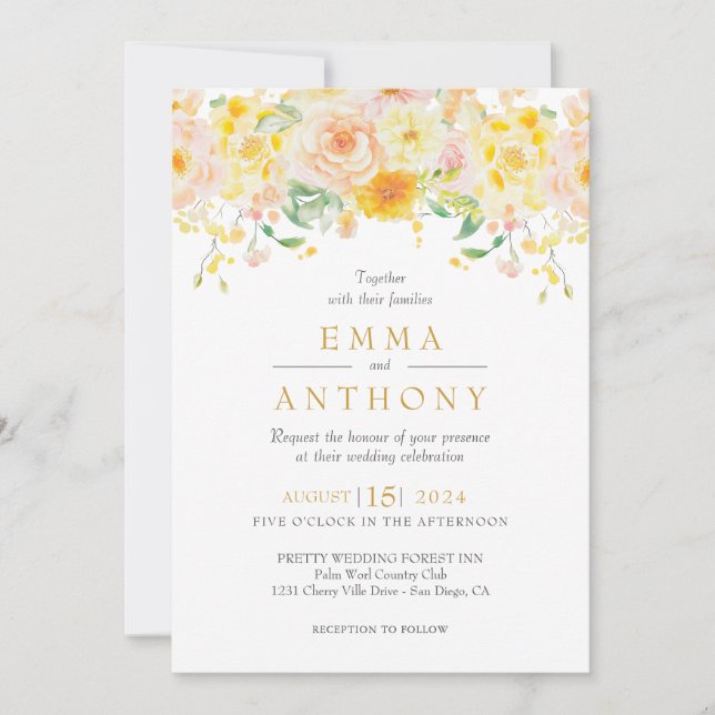 Romantische Buttergelbe Florale QR-Code-Hochzeit Einladung (Vorderseite)