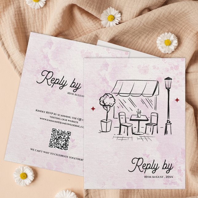 Romantische Café-Skizze QR-Code Hochzeit Antwort V (Romantic Café Sketch QR Code Wedding Reply By RSVP Card)