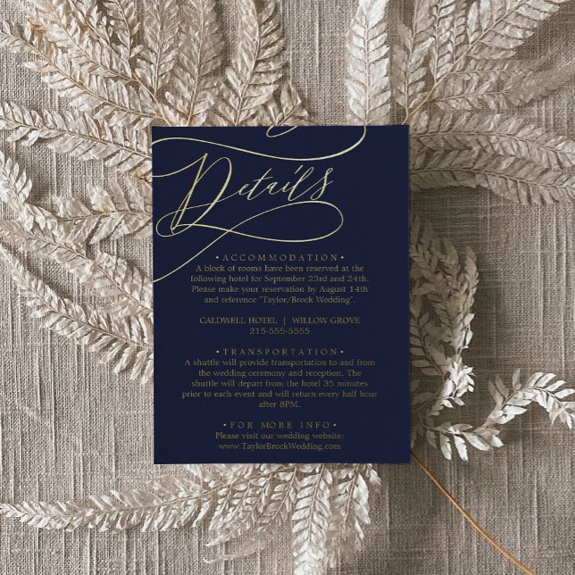 Romantische Calligrafie Gold Foil Navy Details Car Folie Einladungspostkarte (Von Creator hochgeladen)