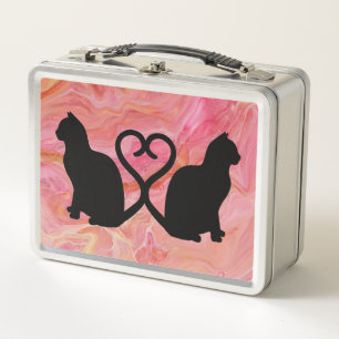 Romantische Cat Silhouette Herz mit rosa Marmor Metall Brotdose