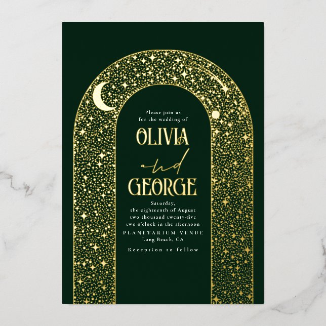 Romantische Celestie Wedding Emerald Green & Gold Folieneinladung (Vorderseite)