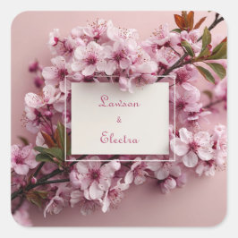 Romantische Cherry Blossom Hochzeit Quadratischer Aufkleber