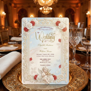 Romantische Cherub Geige & Tauben Märchenhochzeit Einladung
