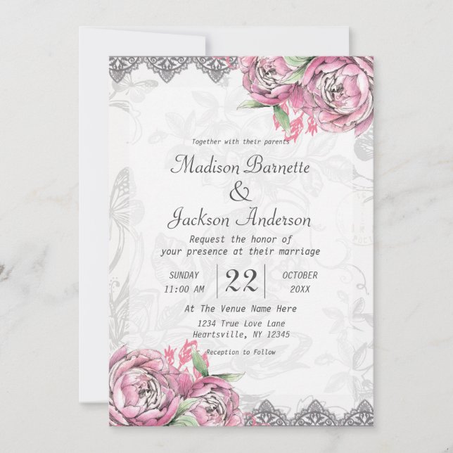 Romantische Chic Peony Floral Wedding Einladung (Vorderseite)