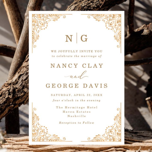 Romantische Classic Monogram Gold Verziert Wedding Einladung (Von Creator hochgeladen)