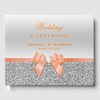 Romantische Coral Bow & Silver Glitzer Hochzeit Gästebuch