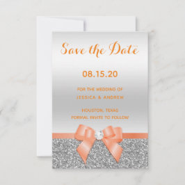 Romantische Coral Bow & Silver Glitzer Hochzeit Save The Date