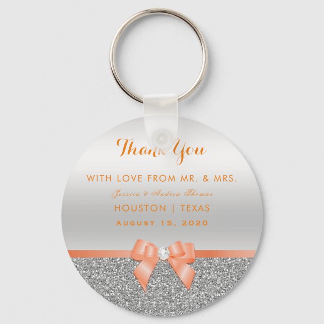 Romantische Coral Bow & Silver Glitzer Hochzeit Schlüsselanhänger (Vorderseite)
