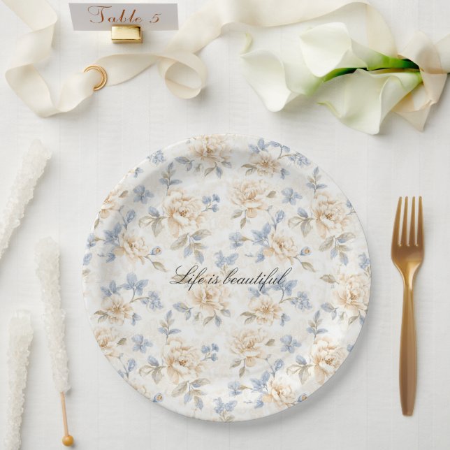 Romantische Creme Blumen Blau Blätter Hochzeit Pappteller (Hochzeit)
