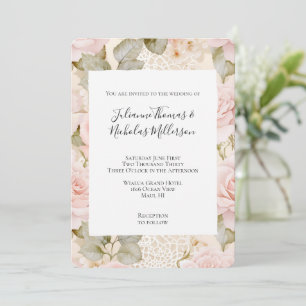 Romantische Creme Blush Pink Roses Blumenzehen Einladung