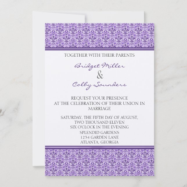 Romantische Damask Wedite, Eggplant Einladung (Vorderseite)