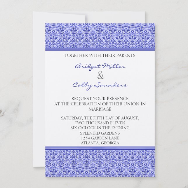 Romantische Damask Wedite, Royal Blue Einladung (Vorderseite)