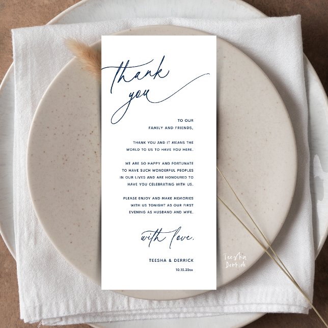 Romantische Dankeskarten für das Hochzeitsdinner Programm (Romantic Wedding Reception Dinner Thank You Card in Navy Blue)